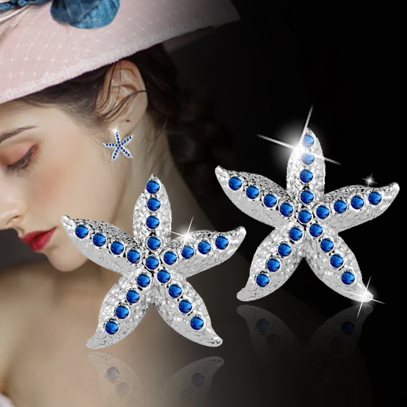 

LEEKER Shiny Starfish Women Stud Earrings Silver Color Pink Blue Cubic Zirconia Earrings Party Jewelry Hot Sale Jewelry ZD1 XS8