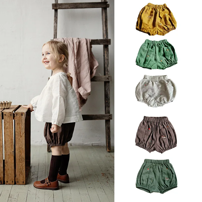 

2023 Summer New Baby Shorts for Girls and Boys Children Cotton and Linen Embroidered Baby Girls' Bloomer Shorts Multipacks