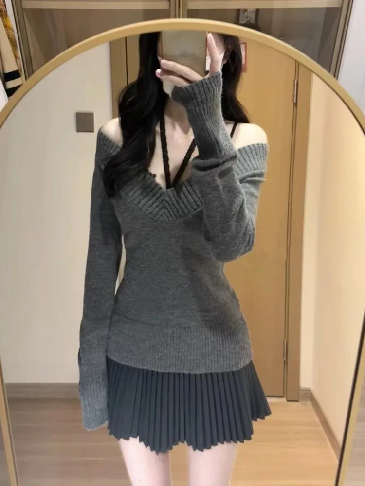 Sister Gao Zhi Вязаный свитер с v-образным вырезом Женская плиссированная юбка
