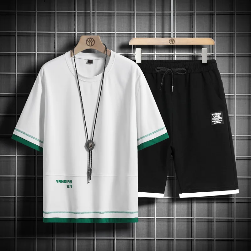 2023 summer new men's sports leisure suit Korean version of youth crewneck short-sleeved T-shirt shorts two-piece set