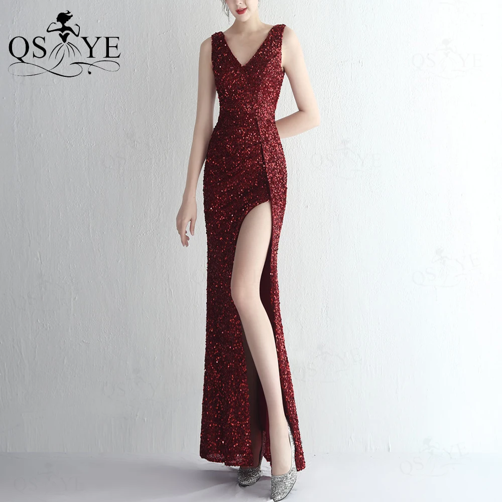 

Sparkle Burgundy Sequin Prom Dresses Sexy Split Evening Gown Sleeveless Backless Women Party V Neck Shiny Red Formal Dress Chic