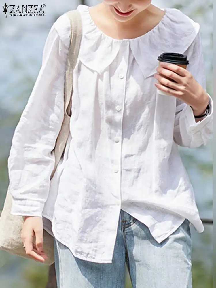 

Женская модная блузка ZANZEA с воланом, свободная рубашка с длинным рукавом и отворотом, осенняя Повседневная Праздничная туника, элегантные однотонные Блузы 2023