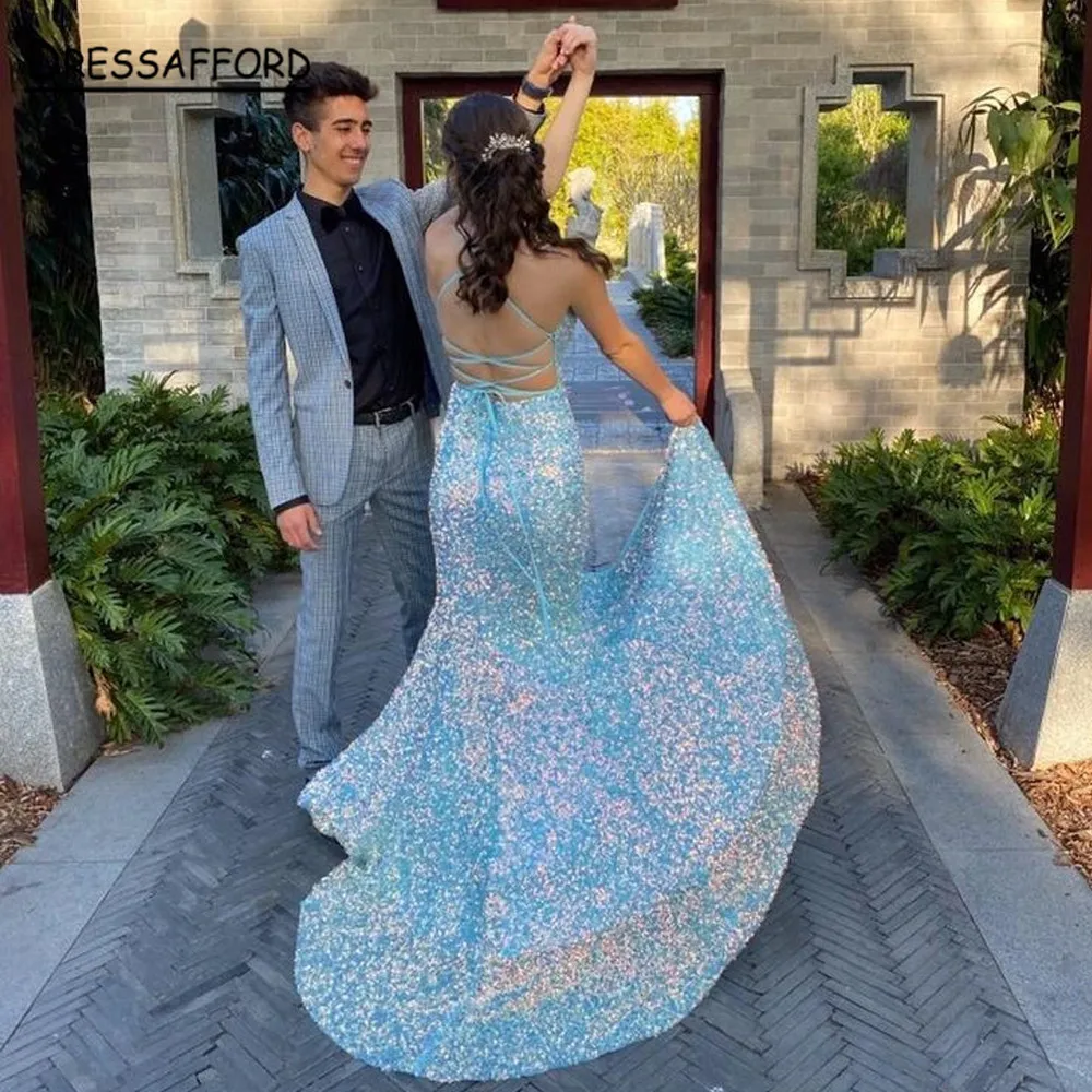 

Luxury Sky Blue Prom Dresses V Neck Sequins Beaded Side Slit Prom Gowns Occasion Dress 2022