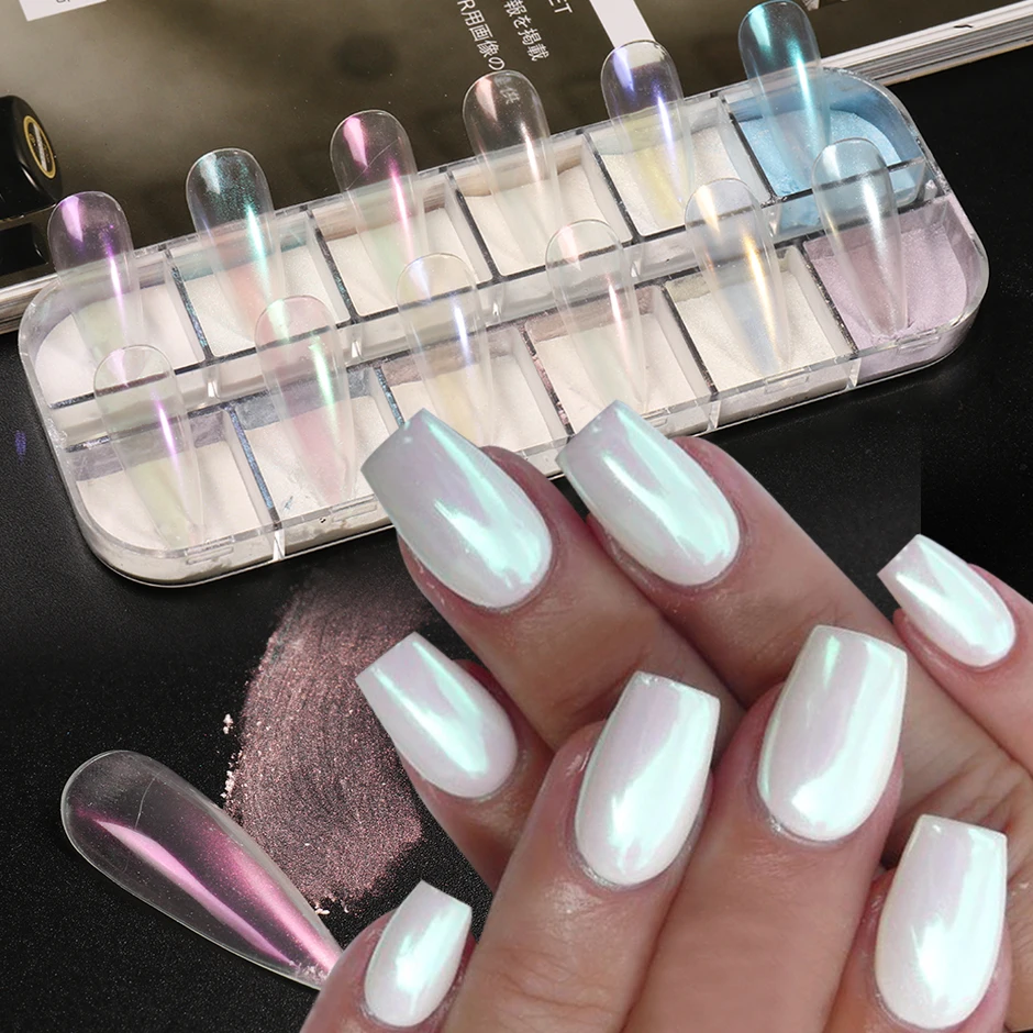 12 Grids Pearl Mermaid Colorful Nail Powder Fairy White Gloss Nails Art Pigment UV Gel Polish Mirror Chrome Dust Manicure SAHC