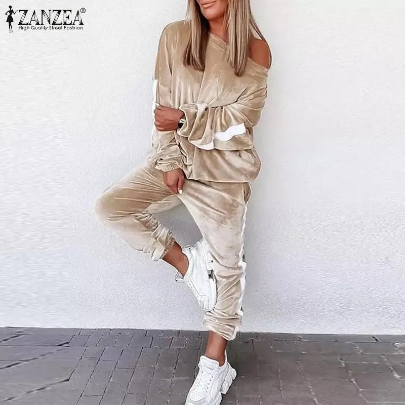 

Lady Casual Hoodies Suit Oversized ZANZEA Fashion Velvets Pant Suits Women Solid Sweatshirt And Pants Spring Autumn 2 Piece Sets