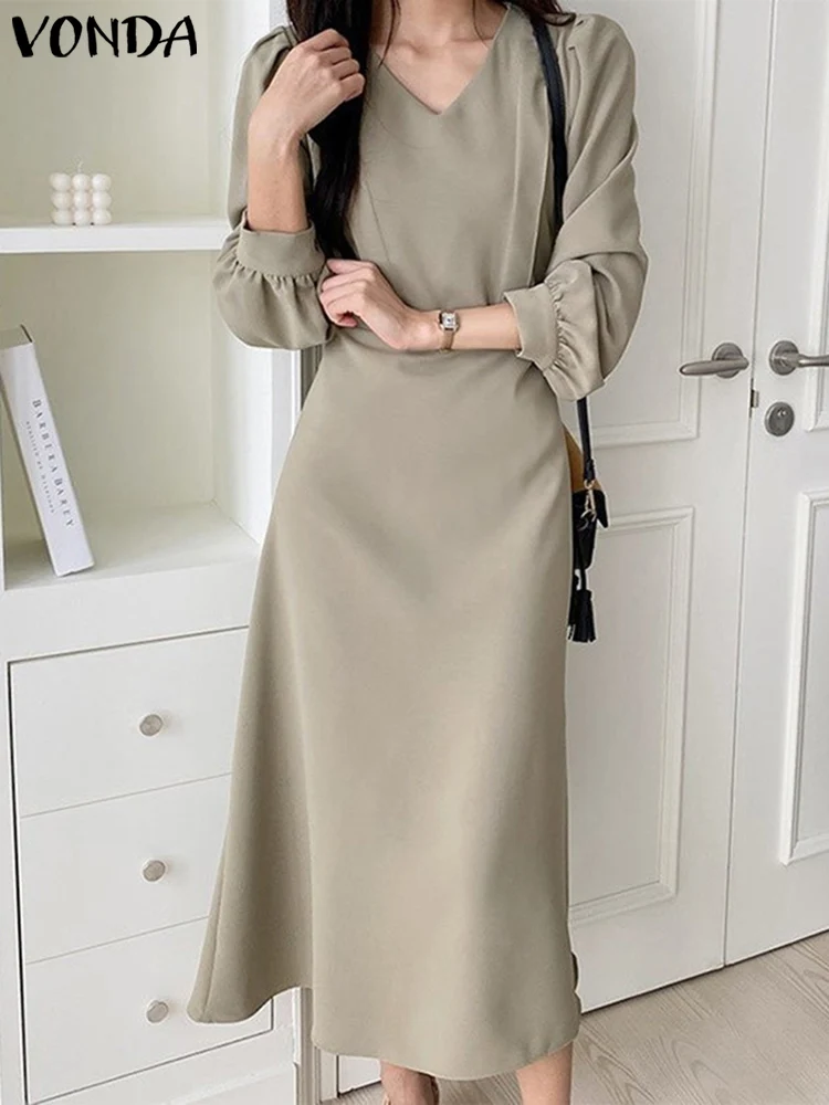 

VONDA Women Casual Long Sleeve Dress 2022 Fashion V Neck Holiday Plain Dress Fashion Pleated Party Long Vestidos Robe Femme