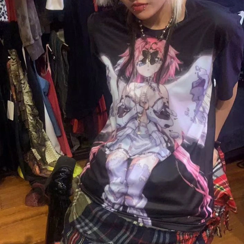 

Cartoon Anime Print T Shirt Women Summer Harajuku Kawaii Short Sleeve Tees Oversized Korean Casual Tops Female Couple Streetwear
