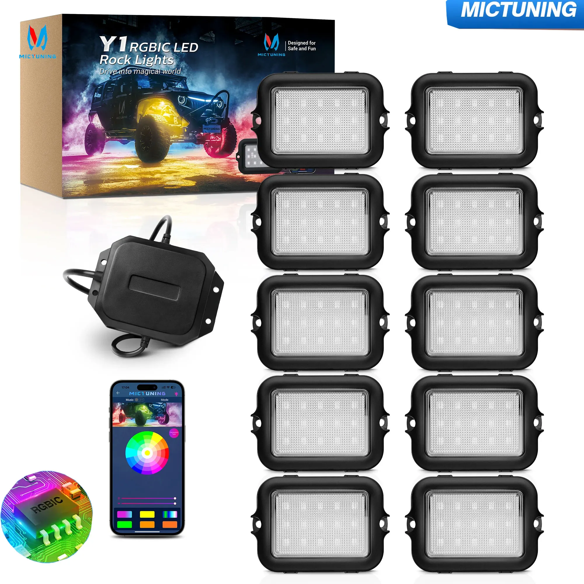 MICTUNING 10-качечный комплект RGB IC LED Rock Lights Chasing Color Многоцветный неоновый освещения с