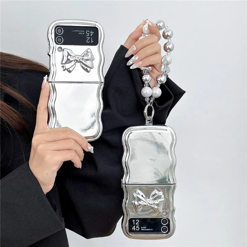 

Чехол для телефона с серебряным покрытием и милым волнистым бантом для Samsung Galaxy Z Flip 4 3 Z Flip3 Flip4