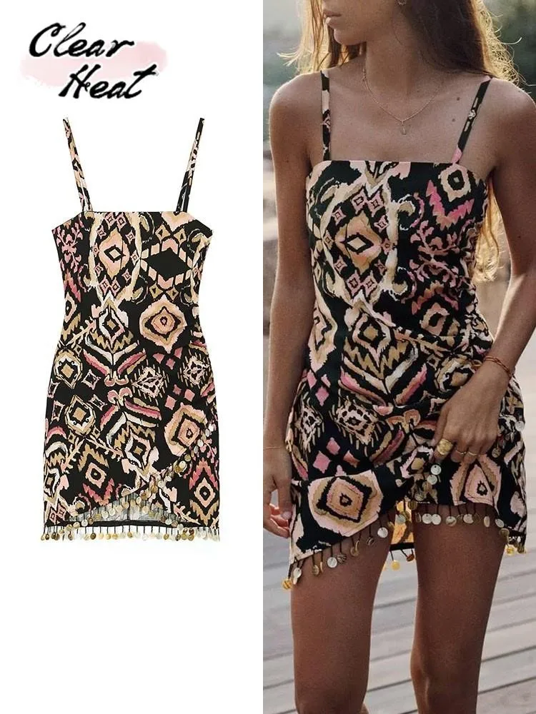 

Elegant Printed Tassel Strap Dress For Women 2023 Sexy Slash Neck Sleeveless Mini Party Robe Slim Back Zipper Backless Vestidos