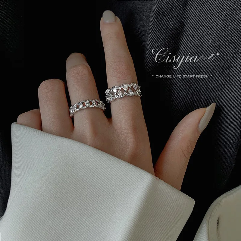 

2023 New Double Row Full Diamond Ring Silver Micro Paved Cubic Zirconia Heart Shaped Chain Link Elegant Personality Open Index F