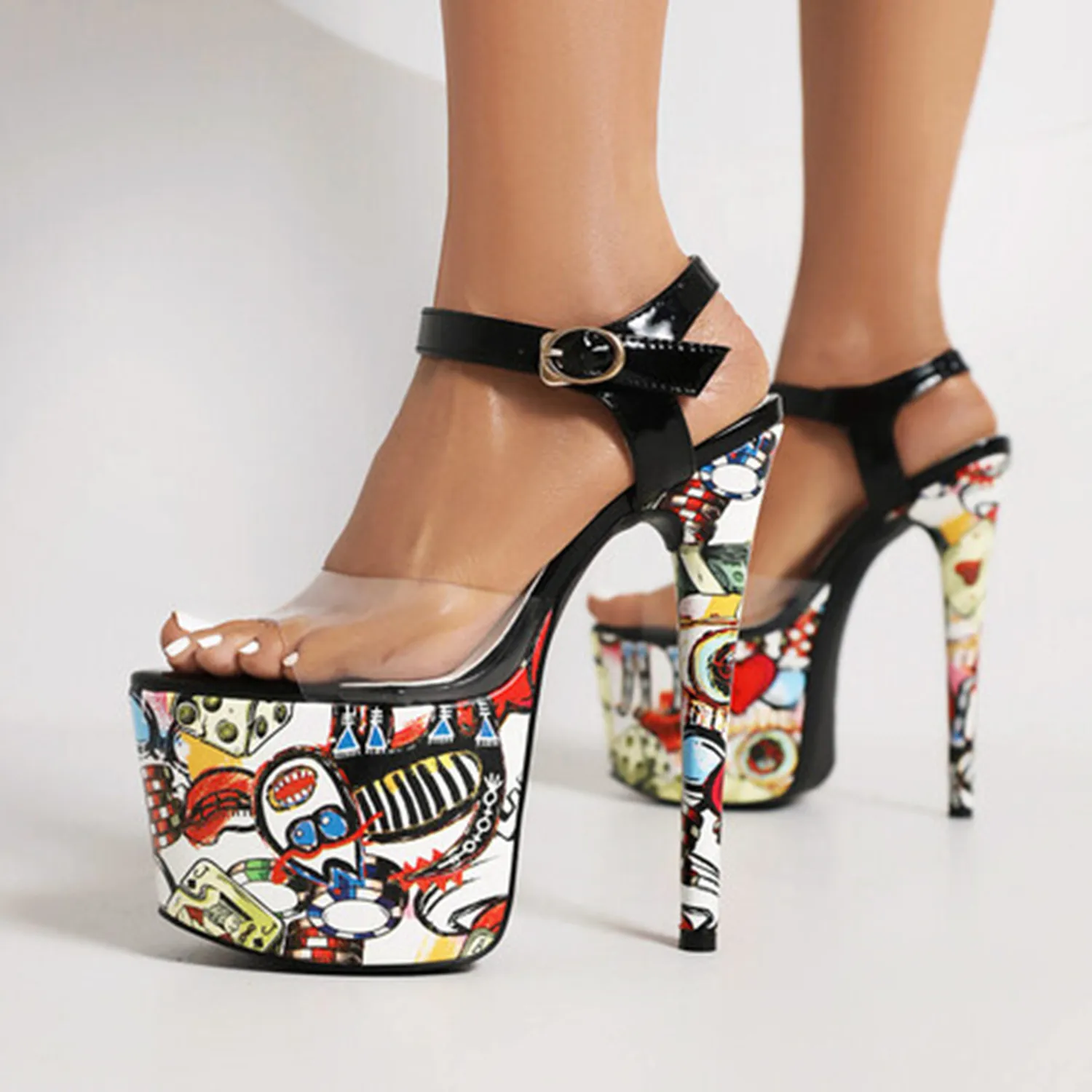 

Graffiti Printing Fashion Trend Women Sandals Transparent Material Thin Heeled Super High Platform Runway Sexy Sandals