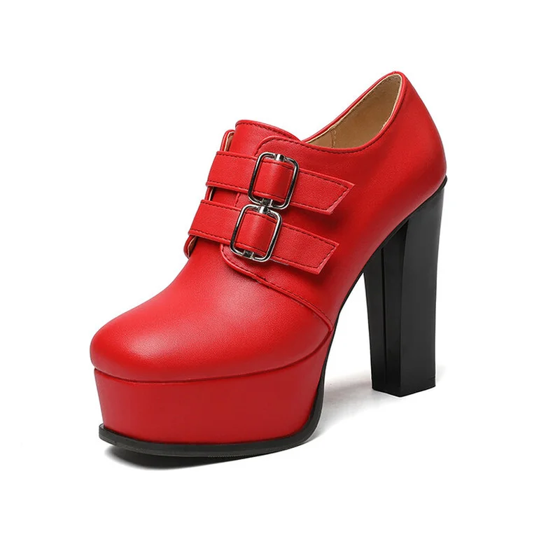 

12cm Extremem Block High Heels Shoes for Model Party Spring Fall 2022 Round Head Buckle Chunky Platform Shoes Women Sexy Formal