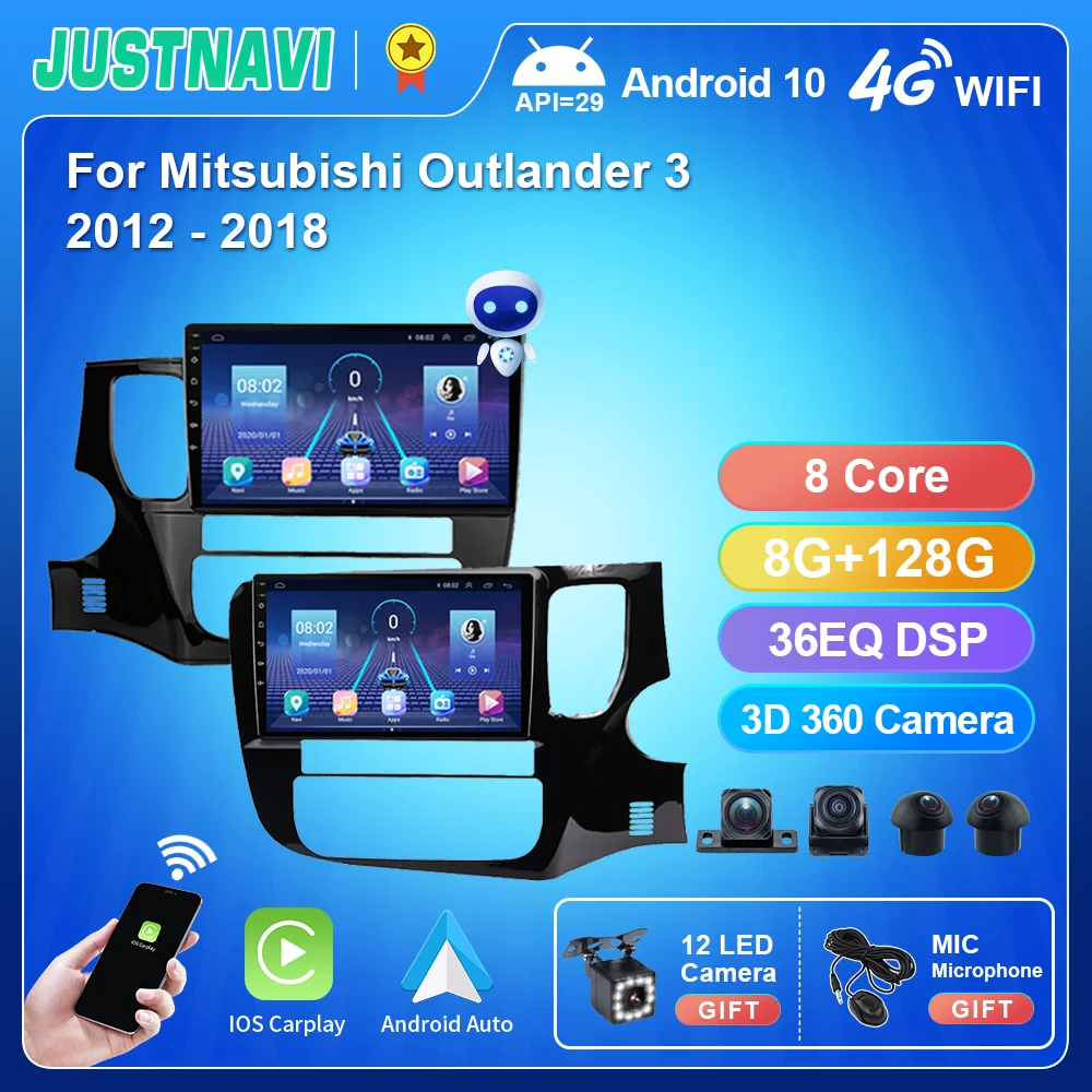 Мультимедийный видеоплеер Android 10.0 для автомобиля JUSTNAVI QT5 для Mitsubishi Outlander 3 2012-2018 с навигацией GPS и функцией Carplay, 2din DVD.