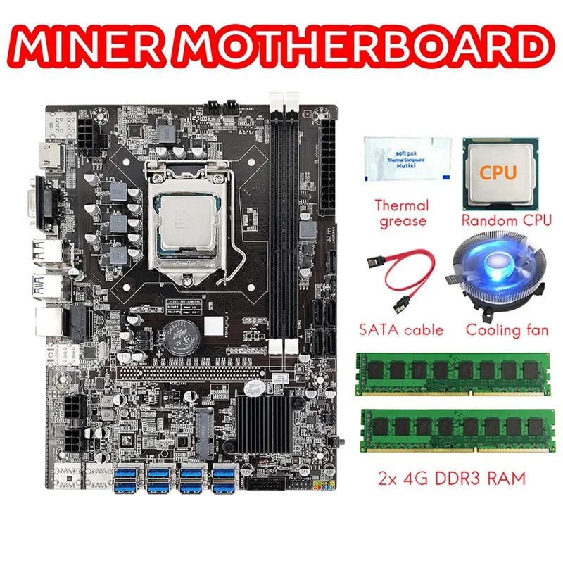 

B75 8GPU BTC Miner Motherboard+CPU+2X4G DDR3 RAM+CPU Fan+Thermal Grease+SATA Cable 8X PCIE To USB3.0 LGA1155 DDR3 MSATA