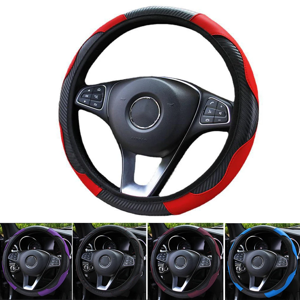 

1PC Car Steering Wheel Cover Breathable Anti Slip PU Leather Steering Covers Suitable 37-38cm Auto Decoration Carbon Fiber