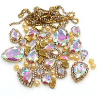 hot sale ab color 50pcsbag gold claw drop mix shape size crystal rhinestonespearlcup chain for wedding dress jewelry making