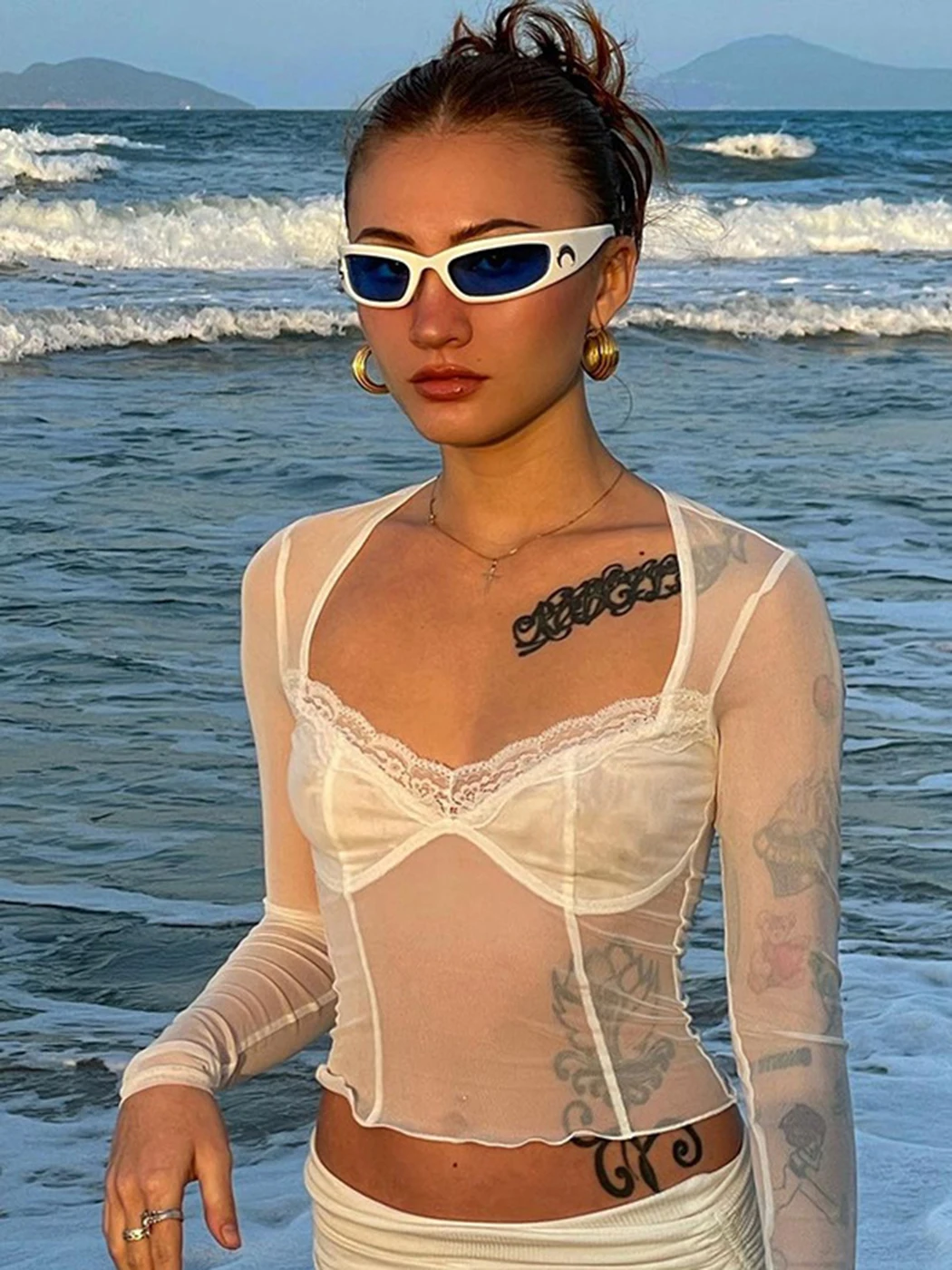 

Fashion Y2K Lace Trim Mesh Crop Tops 90s Aesthetics Patchwork Square Neck Long Sleeve White Sexy Tees Summer Slim T-shirts 2022