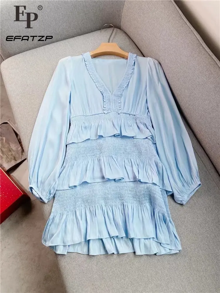 

Women Deep V Collar Long Sleeve Satin Dresses Fashion Sky Blue Tiered Ruffles Mini Dress Elegant Sexy Lady Vestidos Summer 2023