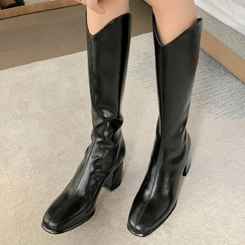 

Dilalula Women Knee High Boots Thick High Heels Square Toe Genuine Leather Autumn Winter Fashion Party Casual Shoes Woman