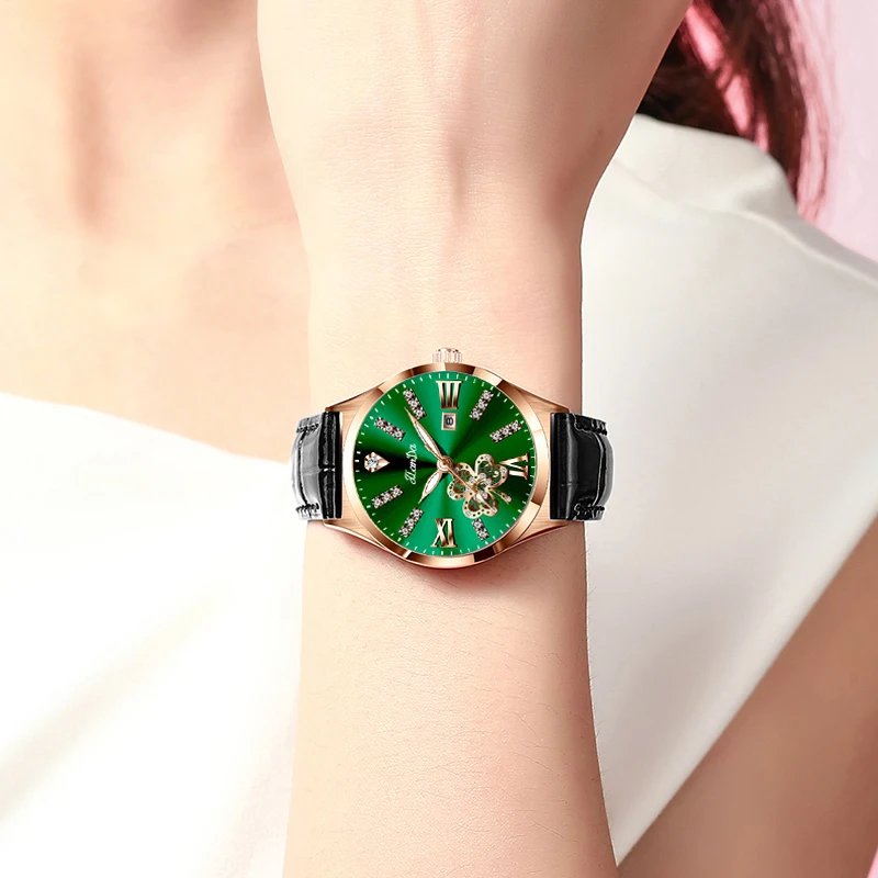 JLANDA 2023 Fashion Green Dial Leather Strap Watch Ladies Exquisite Atmosphere Diamond Luxury Quartz Watch Waterproof Watches
