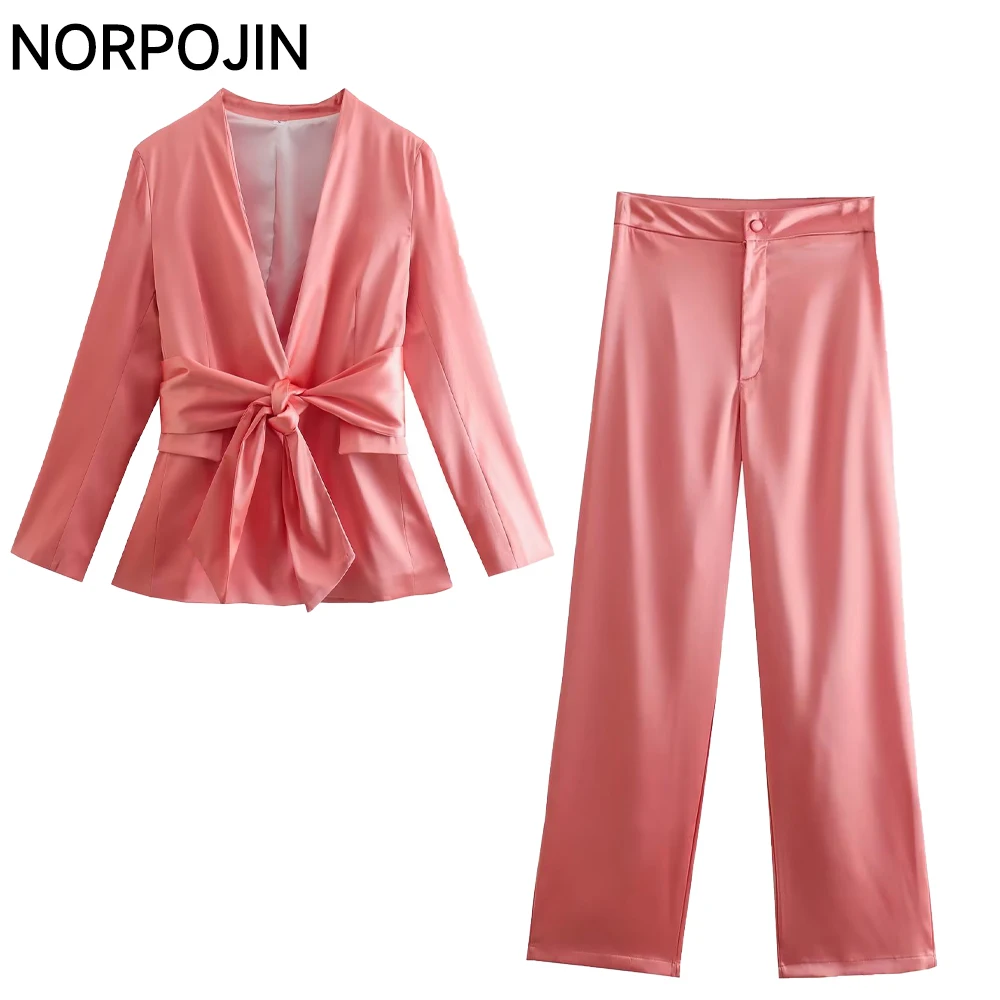 

NORPOJIN 2022 New Women Fashion Blazer Set Sashes V-neck Shiny Blazer and Pants Female Elegant Pants Set Chic Suits for Lady