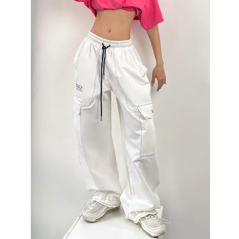 

Women Black Print Pants High Waist Straight Baggy Oversized Hip Hop Style Elastic Waist Splicing Autumn Leisure Wide Leg Trouser