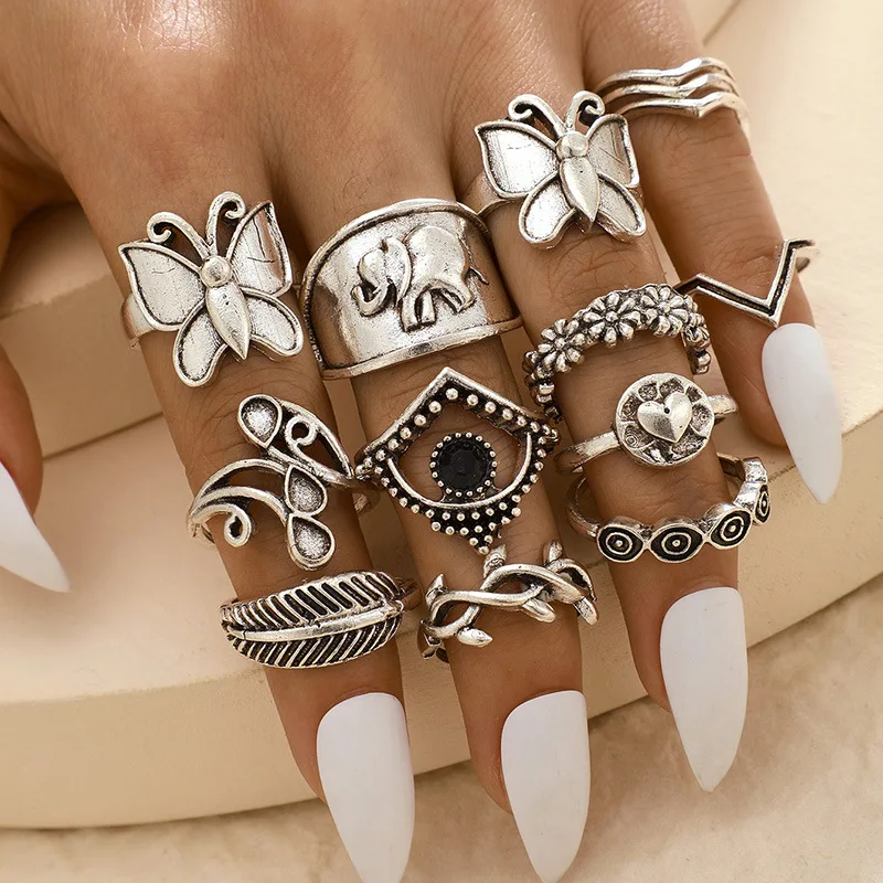 

Vintage Butterfly Ring Set For Women 14 Piece Open Adjustable Silver Color Rings Party Gift