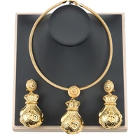 dubai gold color jewelry sets for women 2022 trendy lucky bag pendant earrings copper necklace party wedding anniversary gift