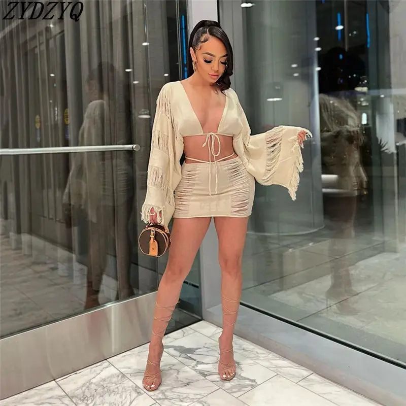 

ZYDZYQ Sexy Two Pieces Set Women Spring Long-sleeved Lace-up Loose Top Skirt Sets Y2k Clothes Lounge Vacation Outfits Wholesale