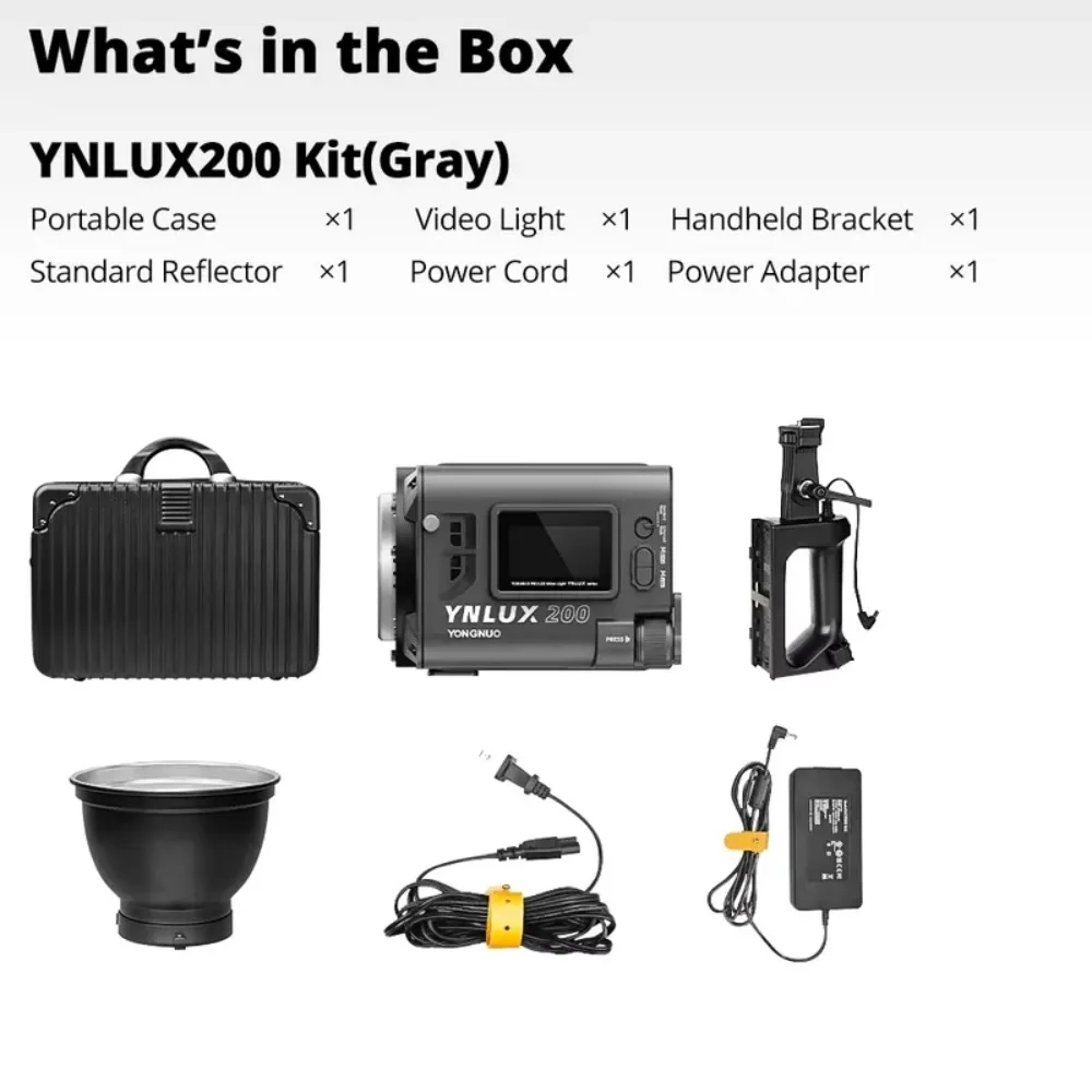 LUX200 YNLUX200 200W 2700K-6500K с креплением Bowens, пластиковый уличный светодиодный светильник с ручкой, адаптером питания, управлением через приложение, TLCI 96. (art.: 3920dcede0897) - 3920dcede0897