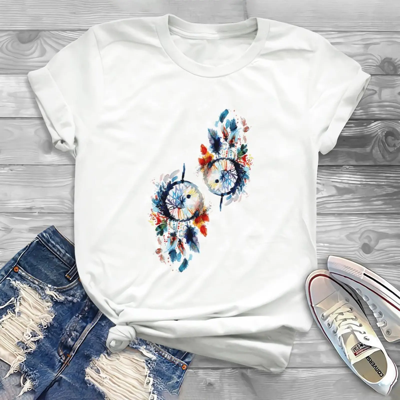 

Women's printed T-shirt Women's top beautiful new T-shirt pattern women's O collar feather print fashion