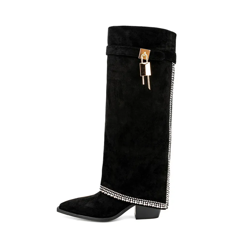 Women's New Pointy Fleece Sleeve Boots Fashion Lock Buckle Thick High Heel Medium Boots Autumn and Winter Large Knee Boots