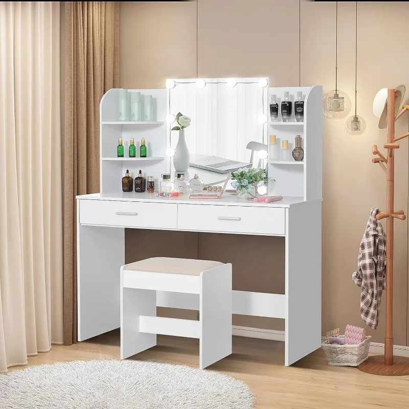 Usikey Vanity Desk with 10 LED Light Bulbs,Vanity Table with Drawers,6 Storage Shelves & Cushioned Stool，dressing Table Bedroom