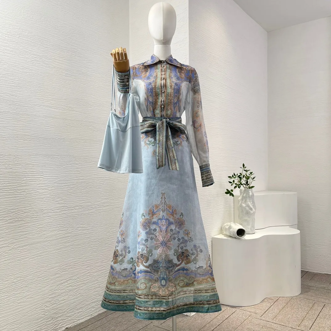 2024 хит продаж осенняя синяя блузка с длинными рукавами и принтом пейсли комплект