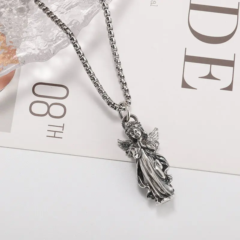 

Fashion Delicate Vintage Silver Color Angel Pendant Necklace Men Women Casual Charm Anniversary Amulet Jewelry Gift