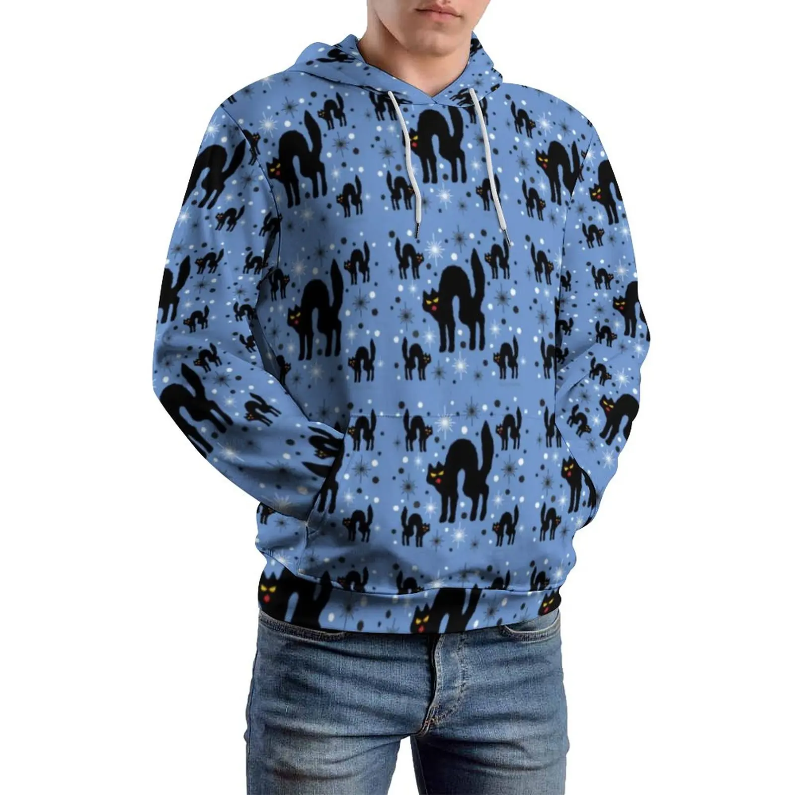 

Retro Black Cat Loose Hoodies Halloween Print Harajuku Pullover Hoodie Couple Long-Sleeve Oversize Street Fashion Pattern Tops