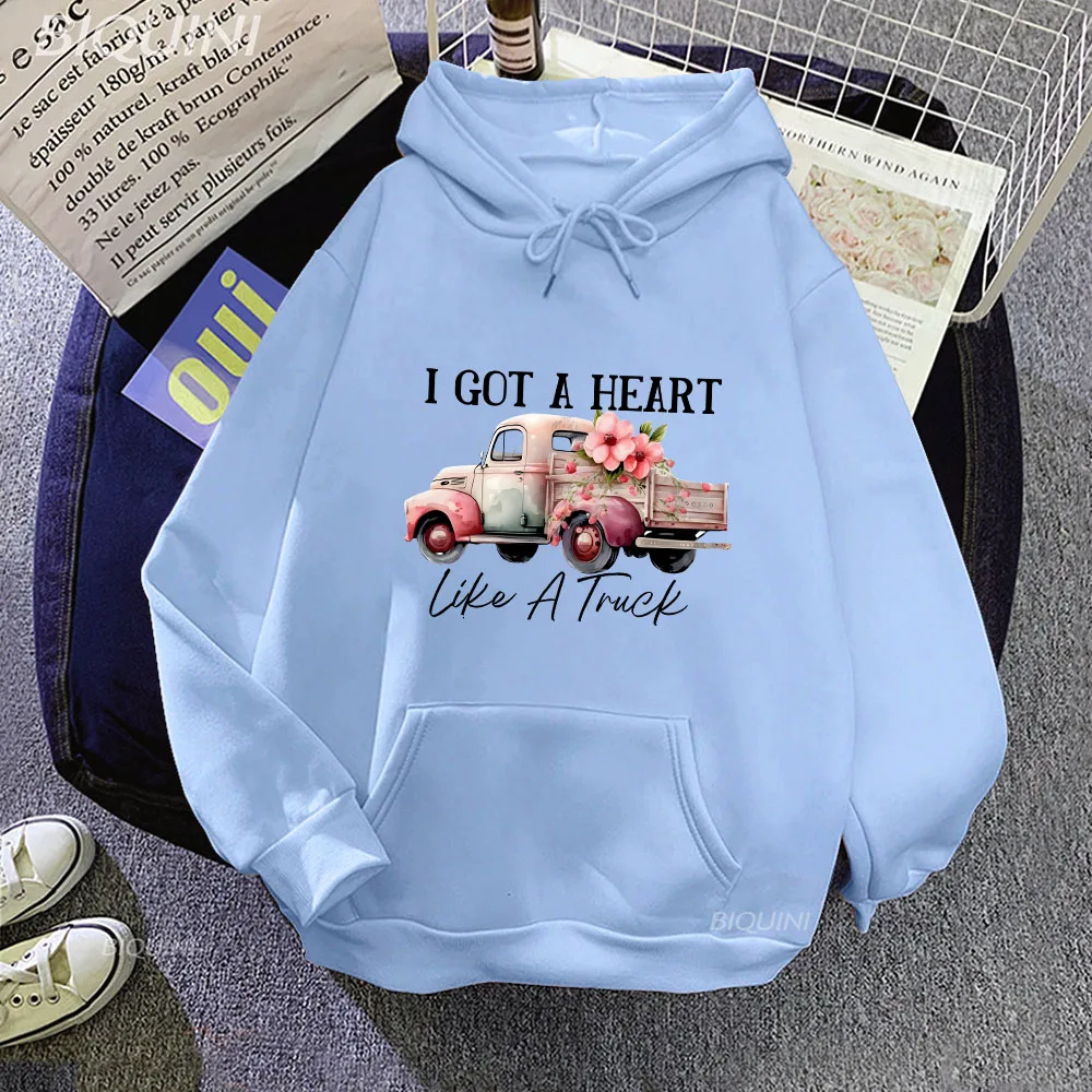 

I Got A Heart Like A Truck Hoodies Cartoon Print Streetwear Men Women Fashion Oversized Hip Hop Pullovers Round Neck Long Sleeve