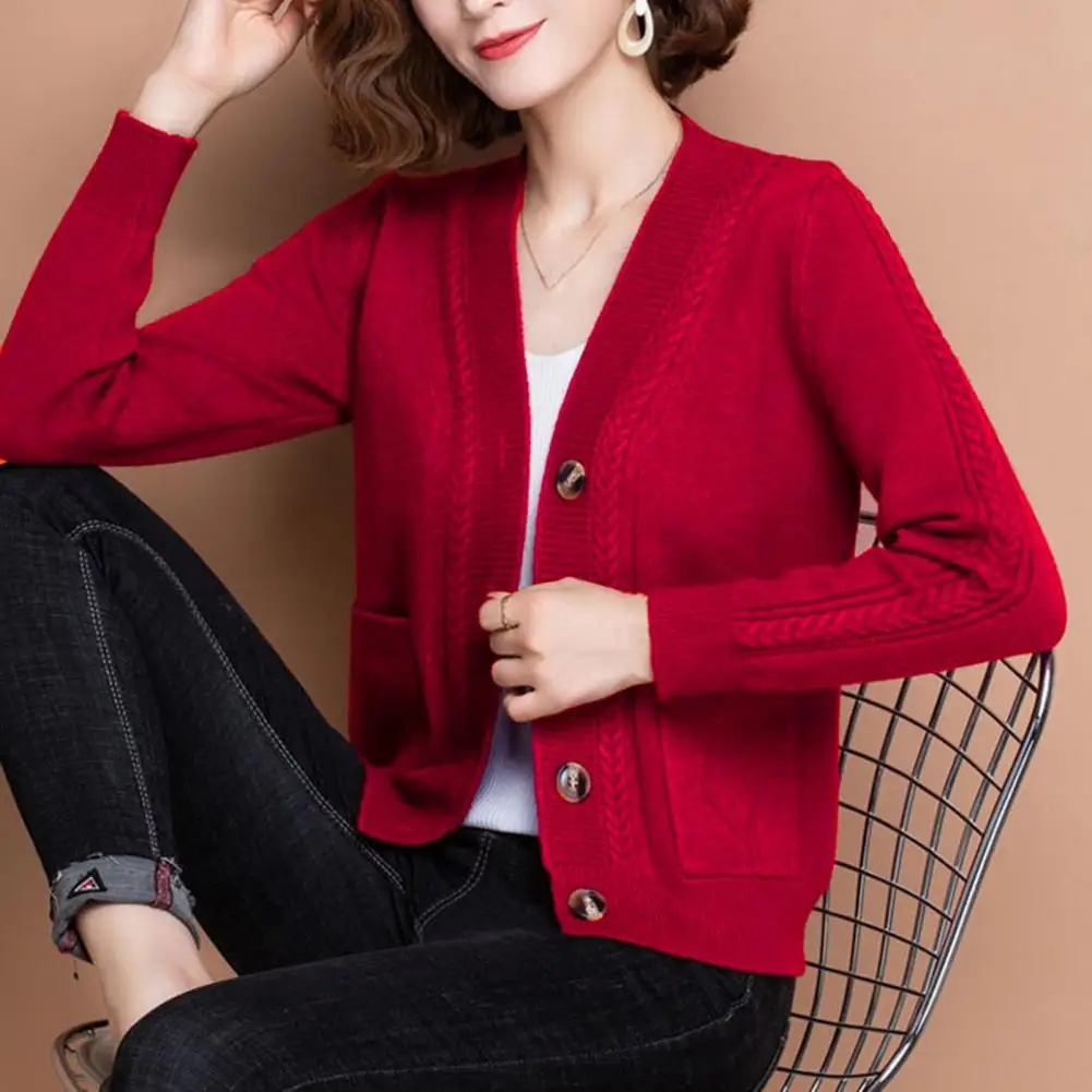 

Elegant Women Cardigan Chic Middle-age Women's Knitted Cardigans V-neck Button Closure Long Sleeves Solid Colors for Spring