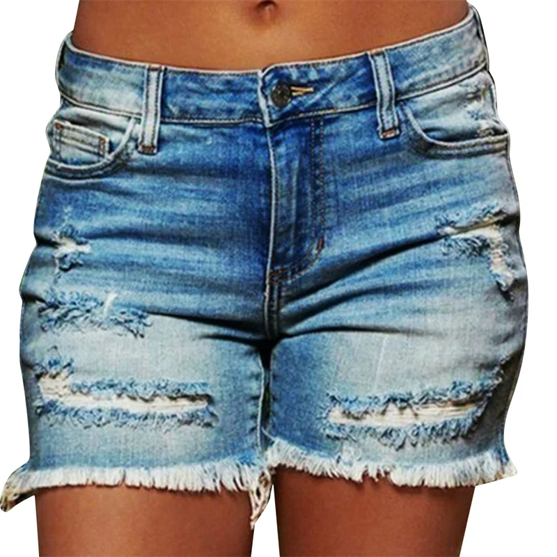 

Женские рваные джинсовые шорты, синие джинсовые шорты с высокой талией, на пуговицах, с дырками и карманами с кисточками, уличная одежда на лето