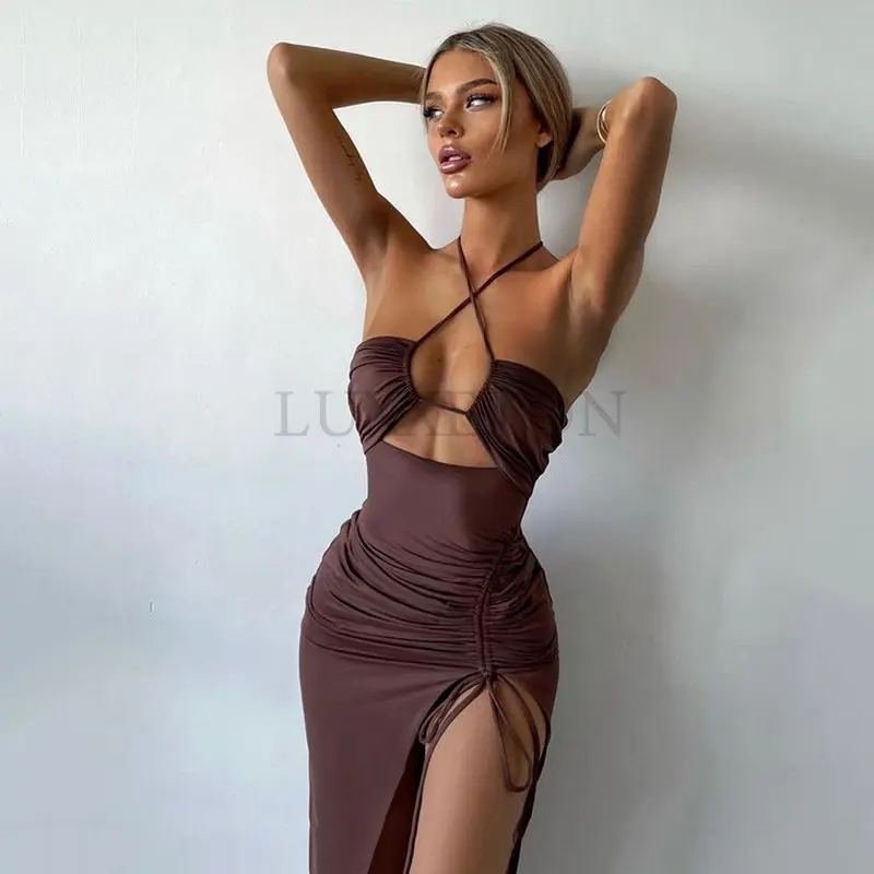 

Hollow Out Drawstring Long Dress Women Fashion Sleeveless Backless High Split Elegant Ruched Dress Vestidos