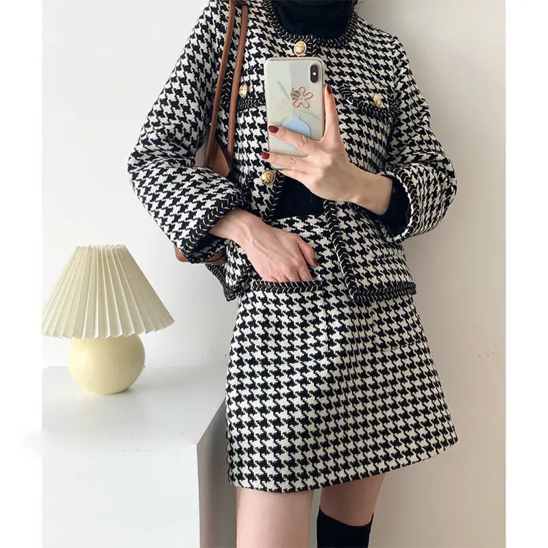 

Женский твидовый костюм из двух предметов, пикантный костюм с юбкой в клетку, элегантный костюм с блейзером и мини-юбкой, 2022
