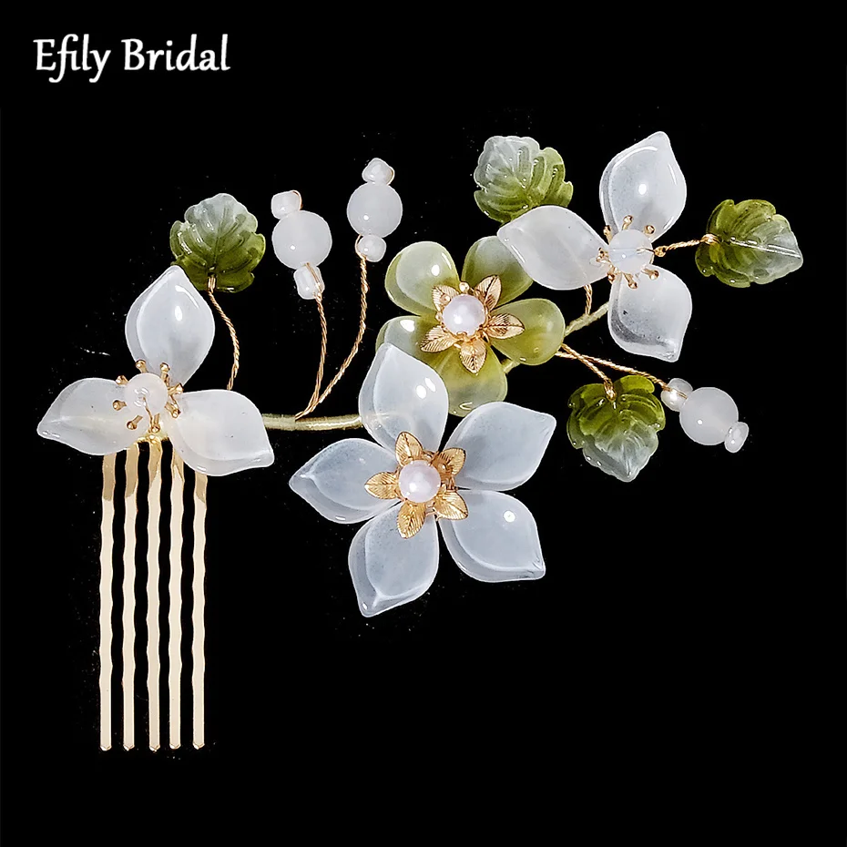 

Efily Chinese Hair Accessories Pearl Crystal Wedding Hair Comb Flower Leaf Bridal Headpiece for Bride Headdress Bridesmaid Gift