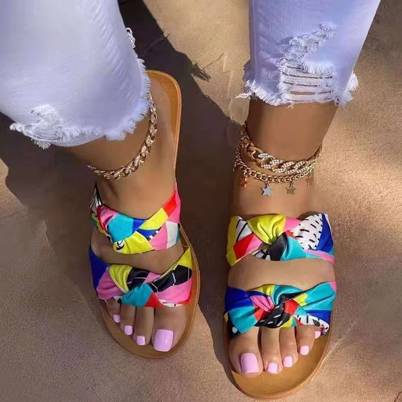 

2022 Women Rainbow Knot Slippers Women's Tie Dye Casual Slippers Women's Summer Beach Flat Women's Open Toe Casual Shoes