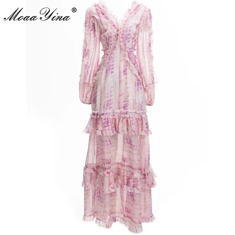 

Женское подиумное платье MoaaYina, элегантное праздничное платье с рукавами-фонариками и рюшами, Вечерние Платья с цветочным принтом, Осень-зим...