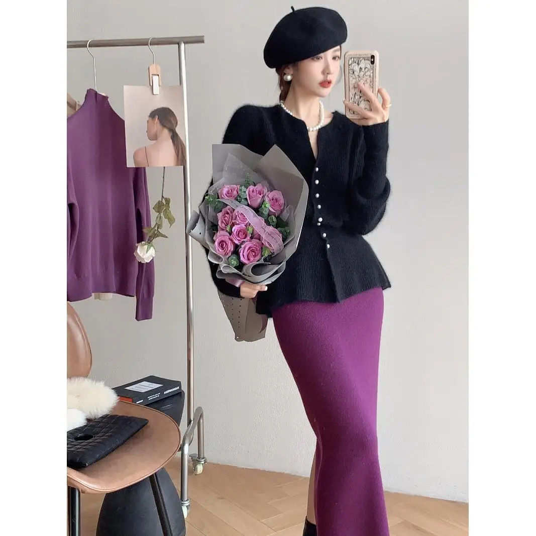 Элегантные вязаные юбки комплект из двух предметов дизайнерский однобортный