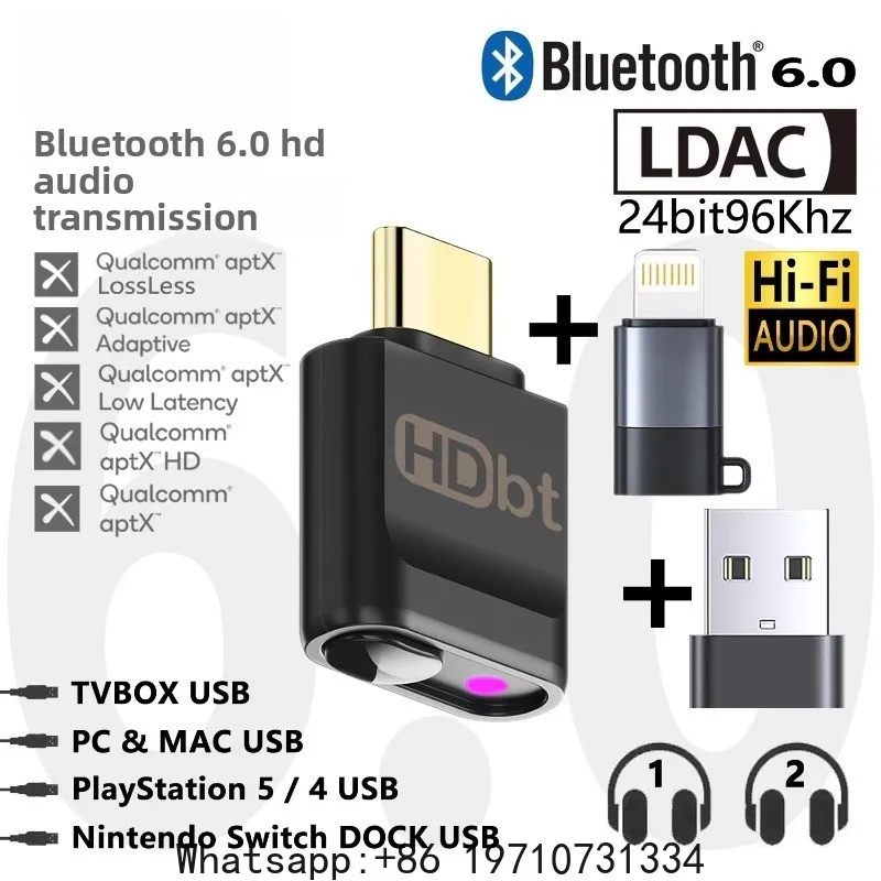 QCC Core 5.4 Bluetooth 6.0 LDAC Audio USBC Transmitter APTX LOSSLESS HD LL AD (art.: 3920dac054e8d) - 3920dac054e8d