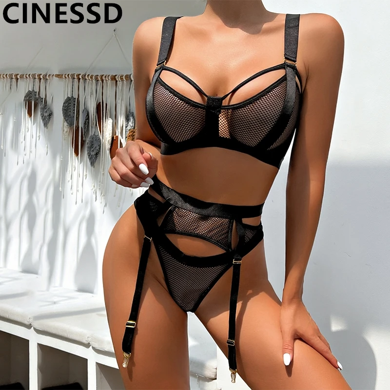 

CINESSD Mesh Fine Lingerie Uncensored Video Sexy Costume Intimate Woman Troia Fancy Luxury Bra Thongs See Through Garter Outfit