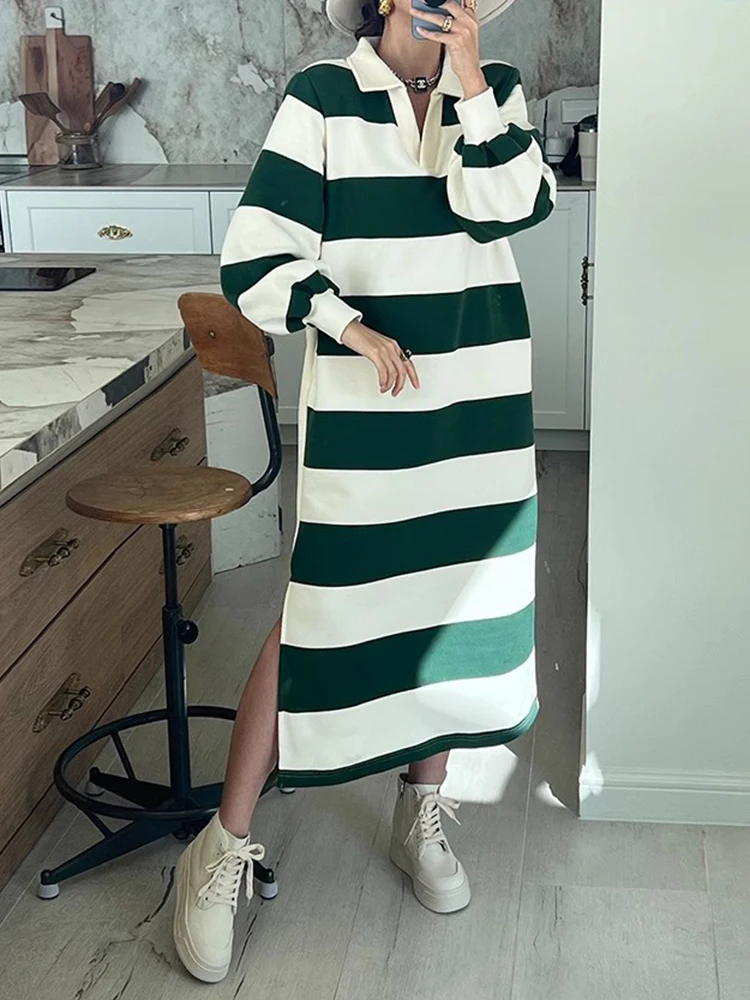 Южная Корея Шикарное осенне-зимнее платье с капюшоном в полоску контрастного