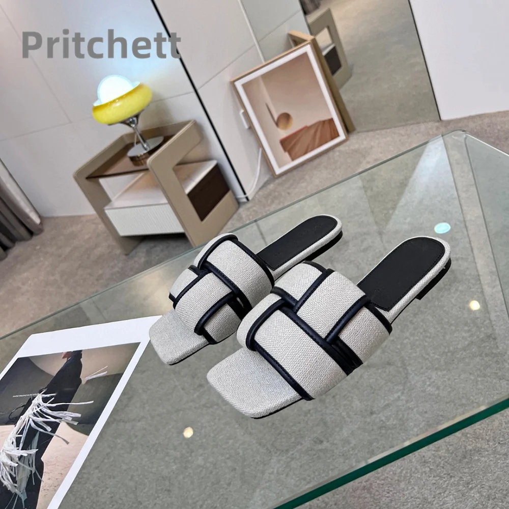 2023 Summer New Flat Bottom Slippers Retro Weave Shallow Mouth Open Toe Fashion Slippers Versatile Concise Women's Shoes